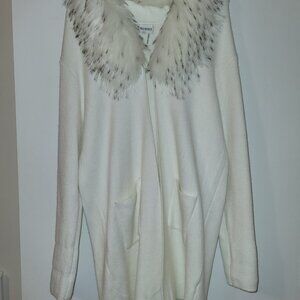 SIONI - Cream Color with Faux Fur Collar Cardigan, Size XL